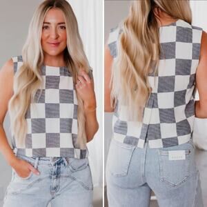 The Workshop Buffalo Check Sleeveless Top Small Linen Blend Button Back Tank